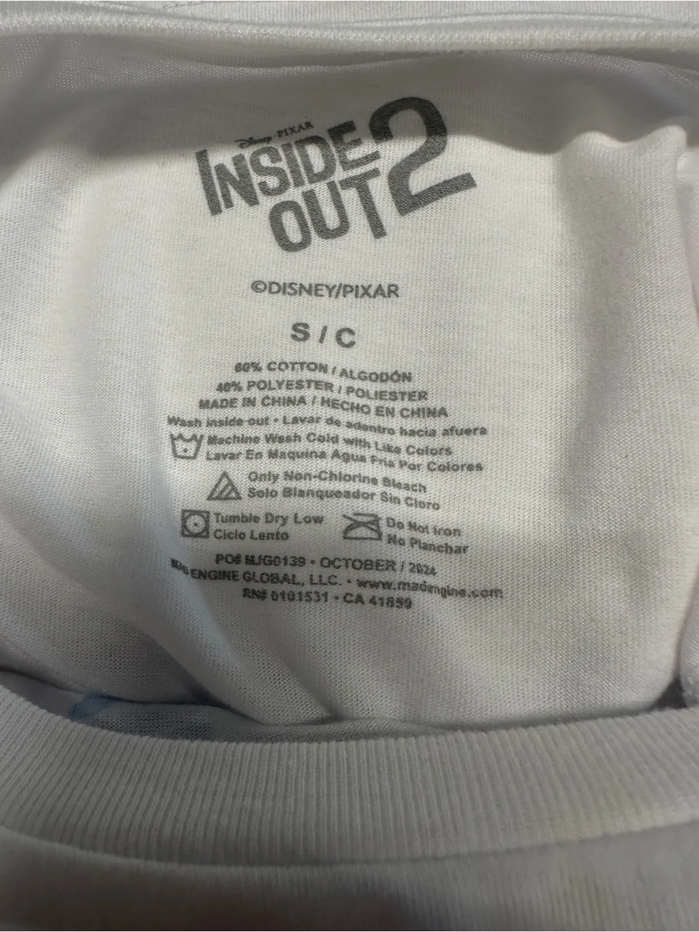 Disney Pixar Inside Out 2 Let's Do This White Kids T-Shirt with Blue Print size